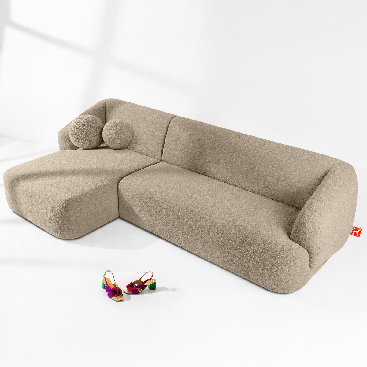 ECKSOFA LINKS VIRA, Hellbeige, Bouclé - Hellbraun/Schwarz, Holz/Holzwerkstoff (300/160cm) - KONSIMO®