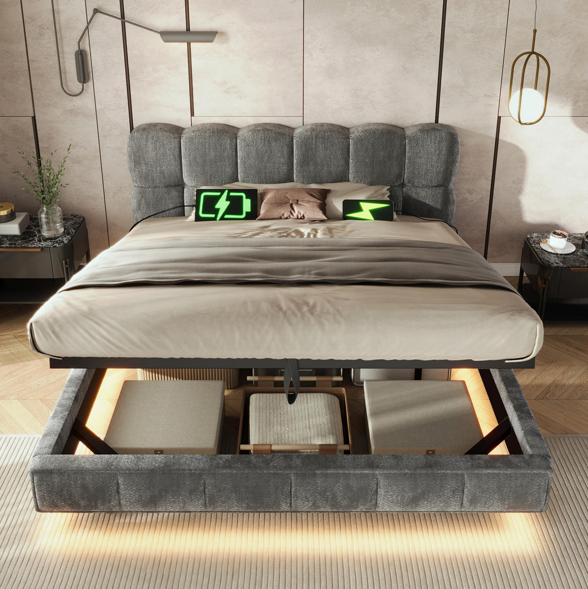 POLSTERBETT aus Chenille 140x190 cm Grau mit Bettkasten, LED und USB-/Typ-C-Anschlüssen - Grau, Textil (140/190cm) - Modfu