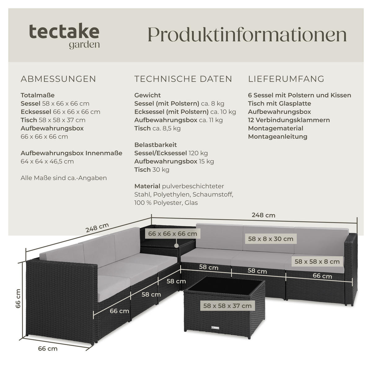 RATTANLOUNGE Verona,mit Sicherheitsglasplatte,schwarz - Schwarz, Kunststoff - tectake