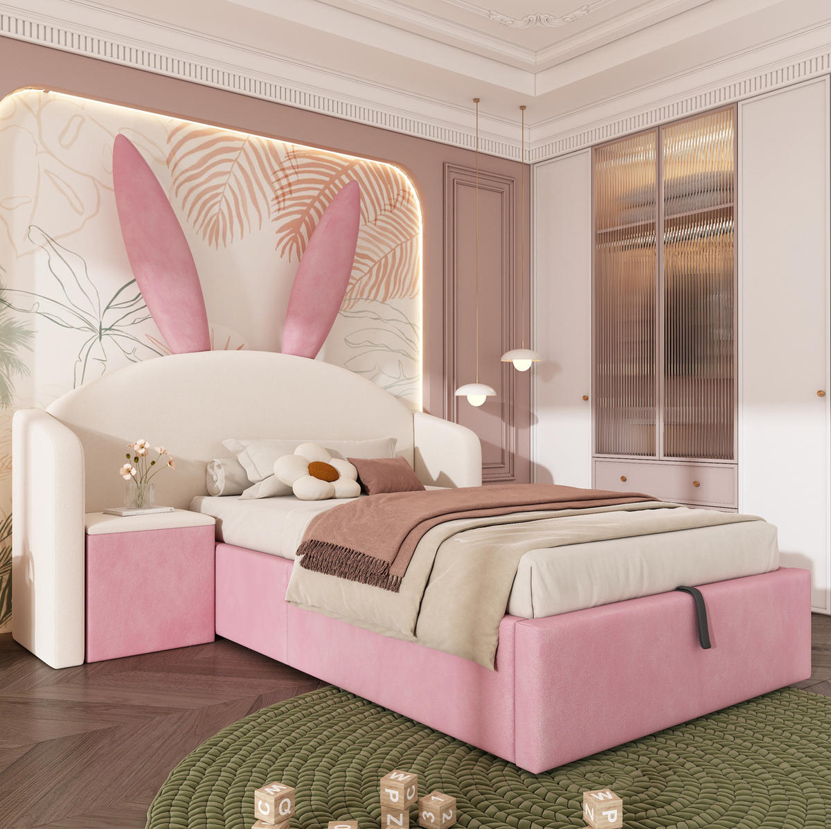 BETT mit Stauraum und Nachttisch 90x200 cm Samt Beige/Rosa - Rosa, Metall (90/200cm) - Beauniv