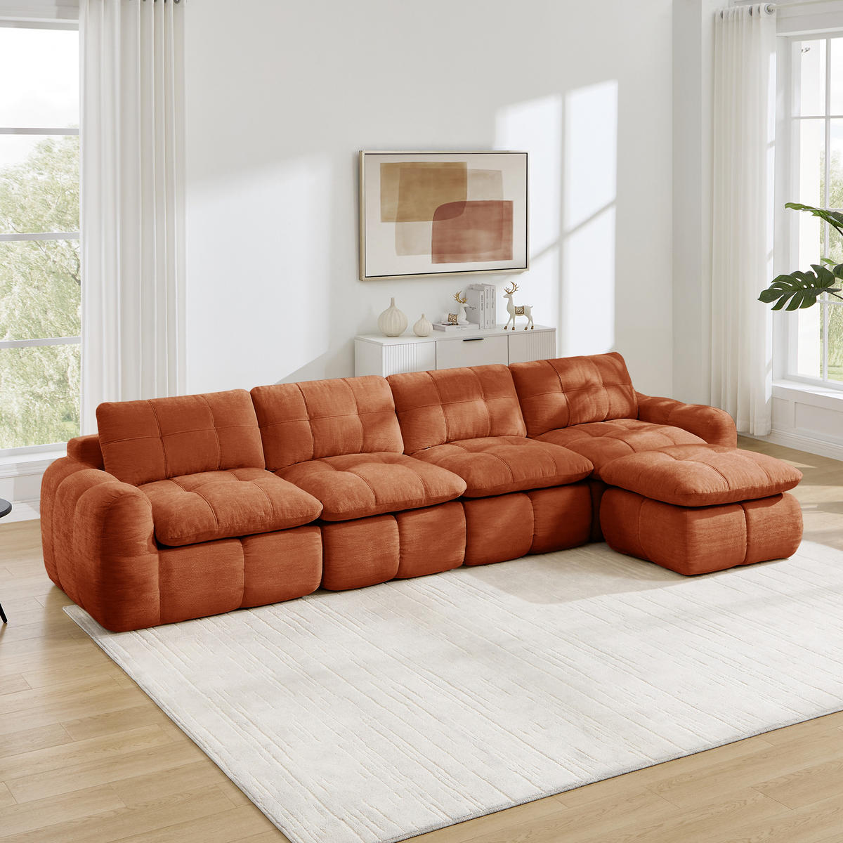 4-SITZER-SOFA mit 1 Hocker, minimalistisch, Chenille-Orange - Orange, Textil (160/68/334cm) - KOMHTOM