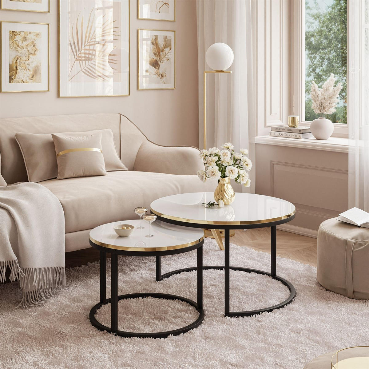 COUCHTISCH SOLEIL 2in1, rund und glänzend, Schwarz Gestell - Schwarz, Holzwerkstoff (70/70/48cm) - Lookway