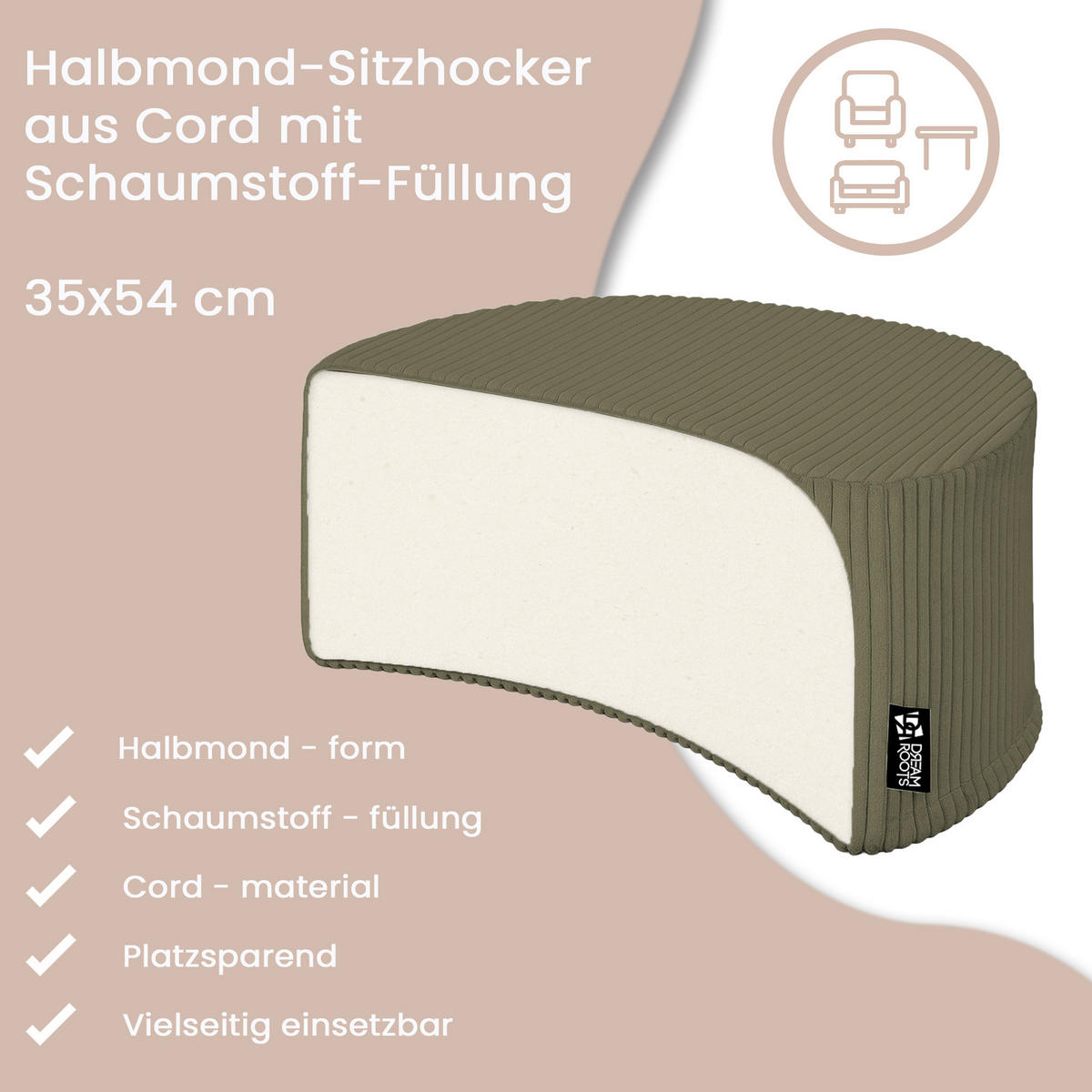 SITZSACK Halbmond 54/36/35 cm, weicher Cord 420 g/m², Olivgrün - Olivgrün, Textil (36/35/54cm) - Dreamroots