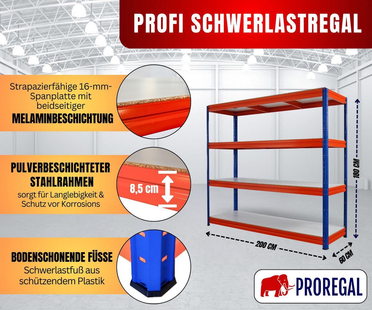 SCHWERLASTREGAL Dino 180x200x60cm Melamin-Ebenen Blau/Orange - Blau/Orange, Metall (200/180/60cm) - PROREGAL