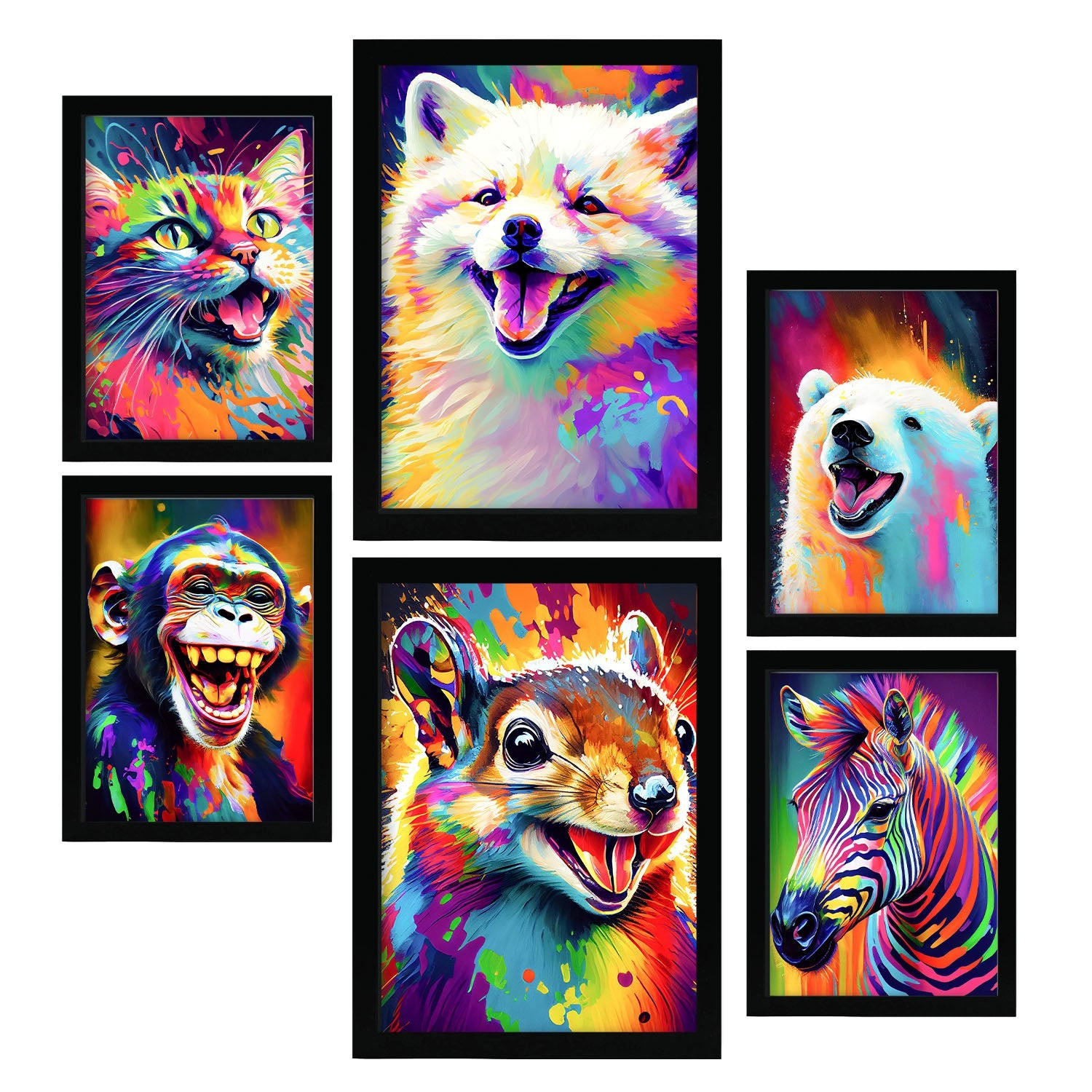 POSTER Set Mit 6 Säugetiere Im Hochformat Lebhafte Aquarell Stil Illustrationen Von Lächelnde Tiere Innenarchitektur A3 & A4 Schwarzer Rahmen - Schwarz, Papier (29/3cm) - Nacnic
