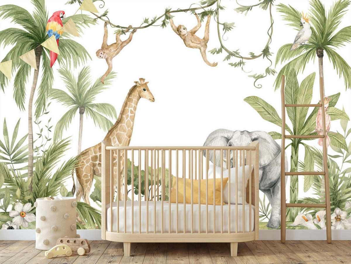 FOTOTAPETE für Kinderzimmer TIERE tropische Pflanzen Natur 460x300cm - Rot/Weiß, Papier (460/300cm) - Muralo