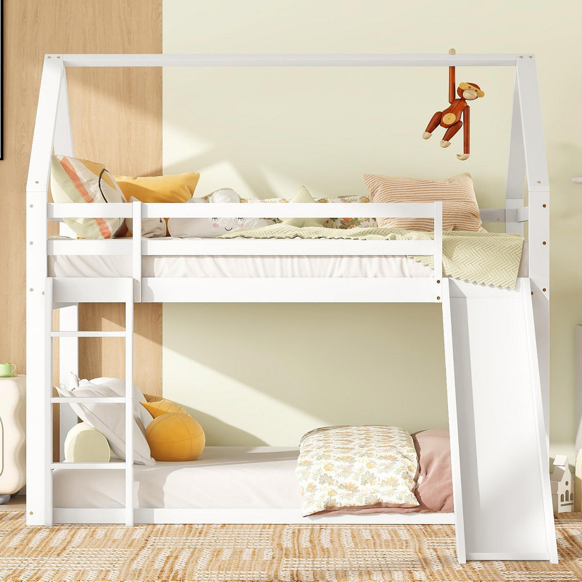 ETAGENBETT Hausform mit Rutsche und Leiter, Weiß, 90/200 cm - Weiß, Holz (90/200cm) - MIVRAY