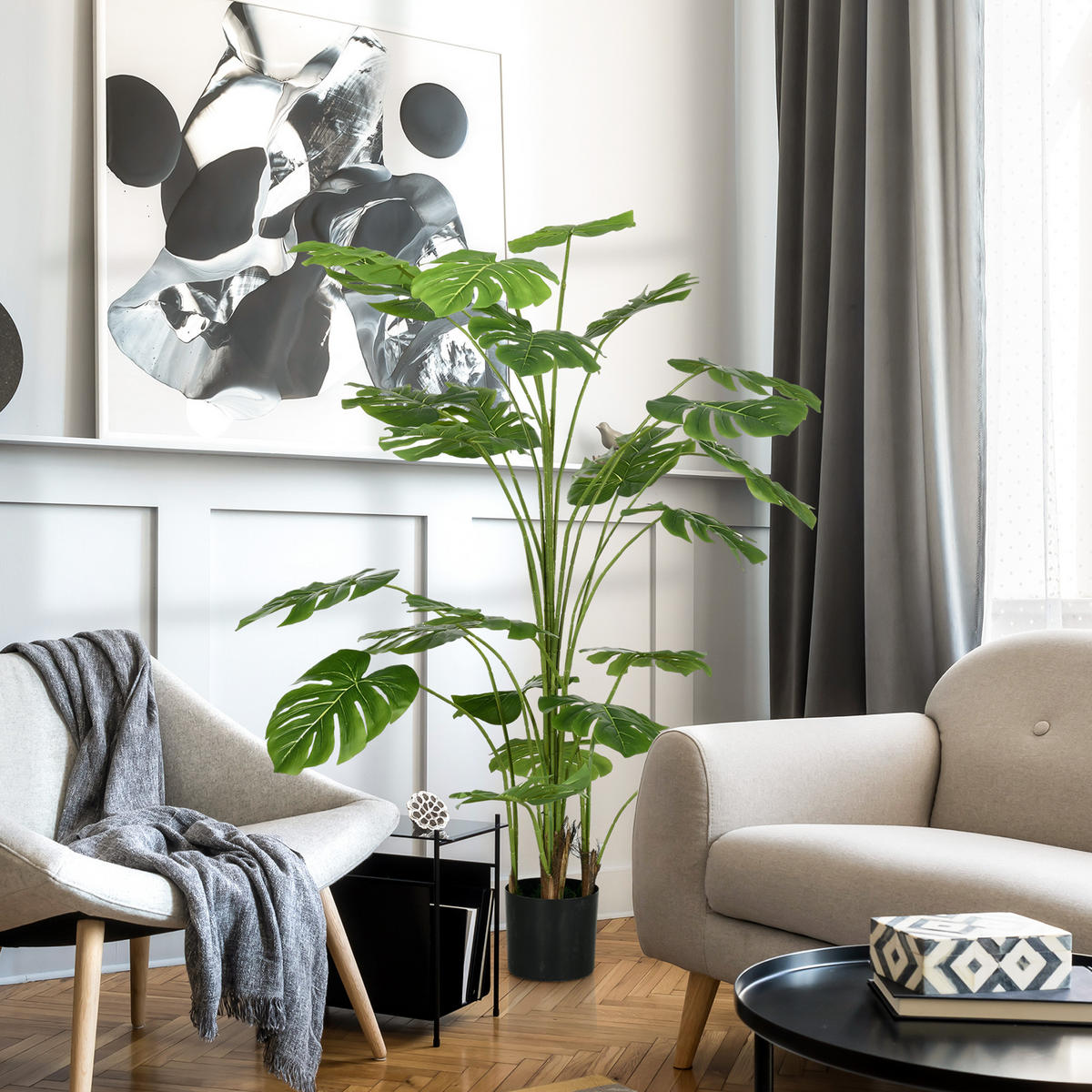 KÜNSTLICHE Pflanzen, Kunst Monstera Deliciosa, 180 cm Kunstpflanze mit Topf - Grün, Kunststoff (180cm) - HOMCOM