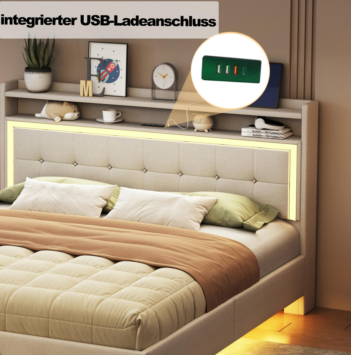 POLSTERBETT mit USB und LED 140x200 cm Leinen Beige - Beige, Holz (140/200cm) - Meubliv