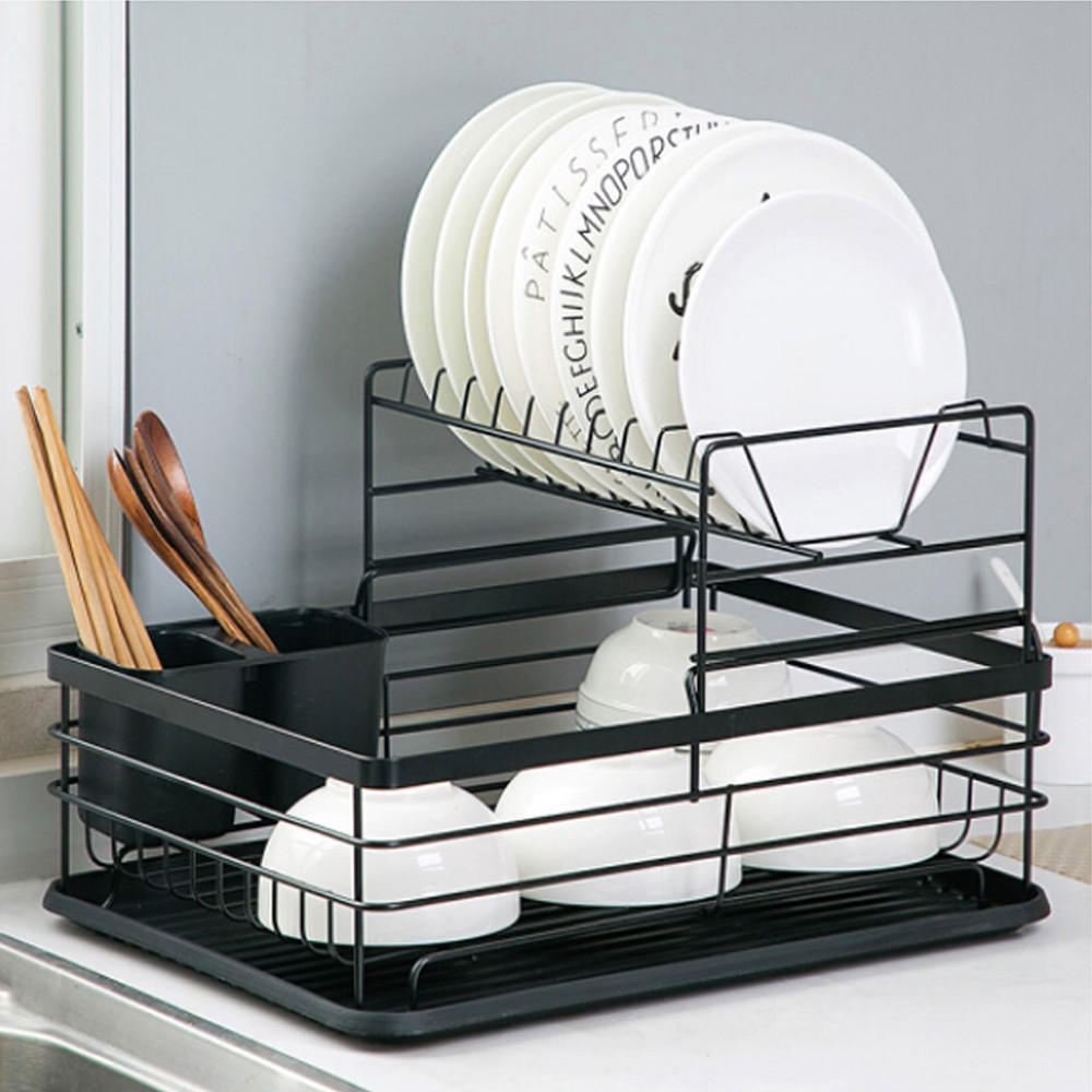 GESCHIRRABTROPFKORB 2-Stufig Abtropfschale Metall Schwarz - Schwarz, Kunststoff/Metall (43/27/32cm) - Livingandhome