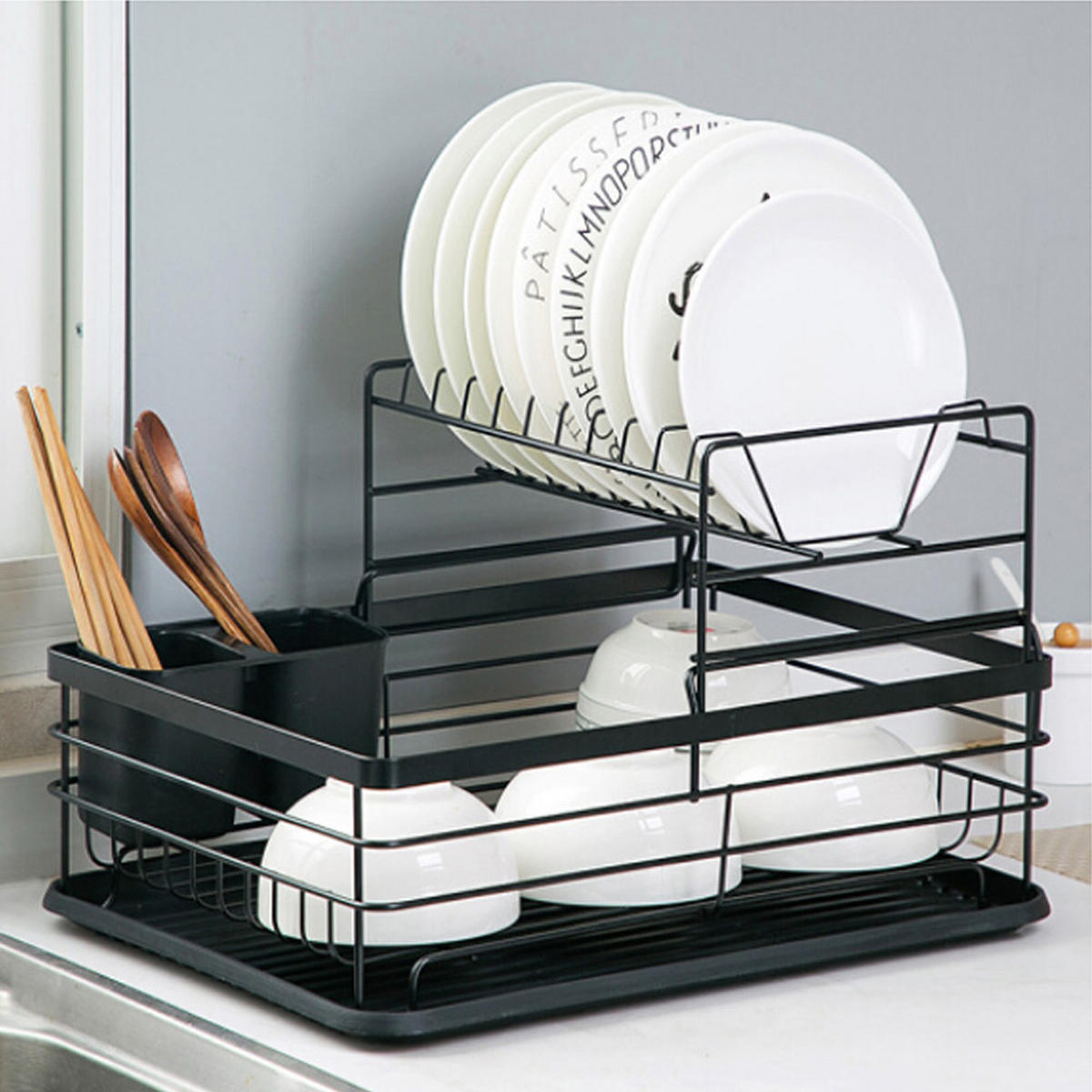 GESCHIRRABTROPFKORB 2-Stufig Abtropfschale Metall Schwarz - Schwarz, Kunststoff/Metall (43/27/32cm) - Livingandhome