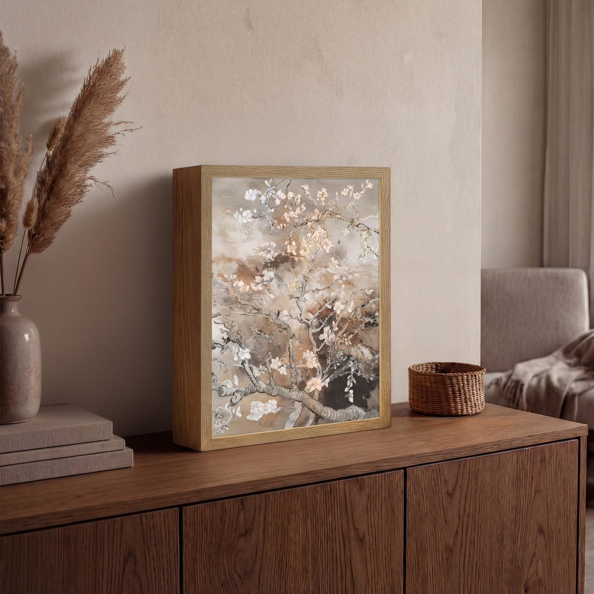 NÁSTĚNNÁ LAMPA S AKUMULÁTOREM Mandlový květ - Umění - Van Gogh - Béžová - Abstraktní 30x40 cm - šedohnědá, kompozitní dřevo (30/40/8cm) - OnlyWow
