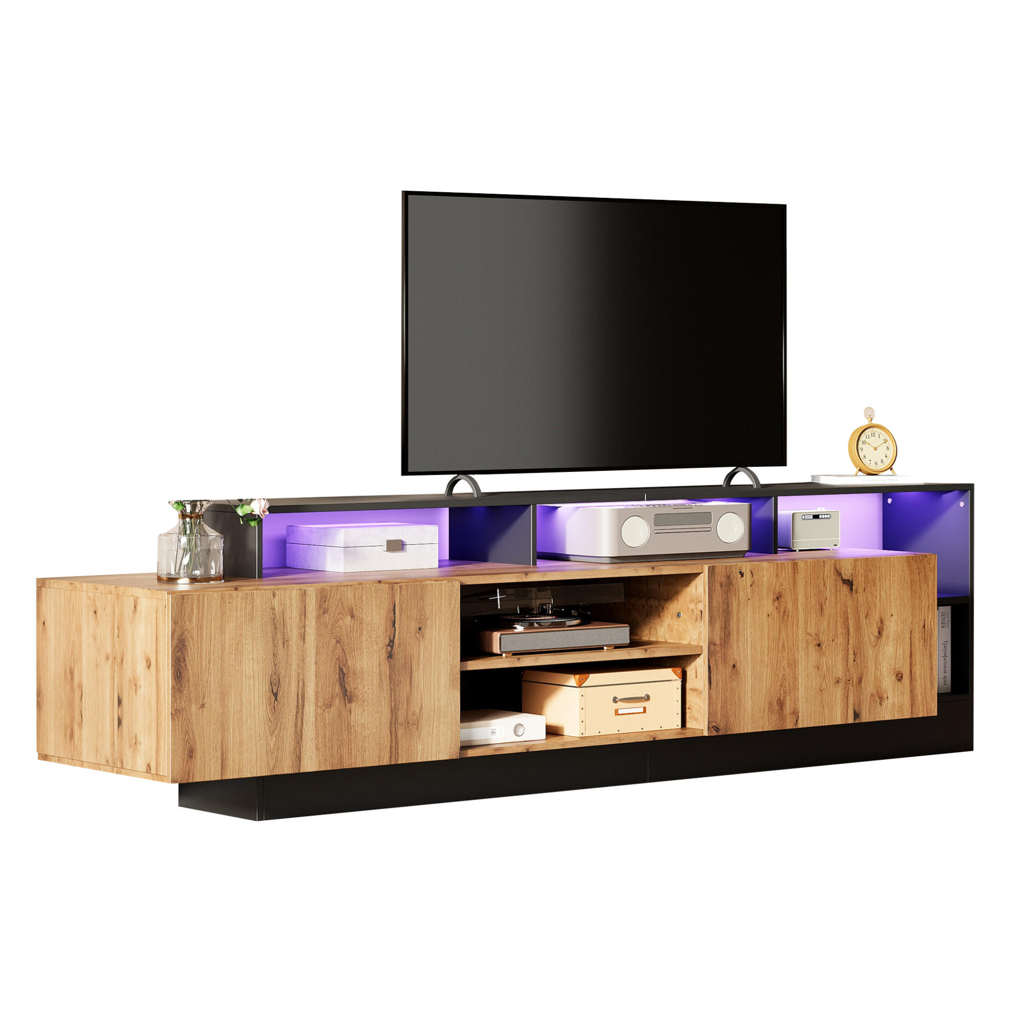 Redom TV stolek 190/40/48,5 cm s LED osvětlením a úložným prostorem, pro TV do 70", Dub/Černá