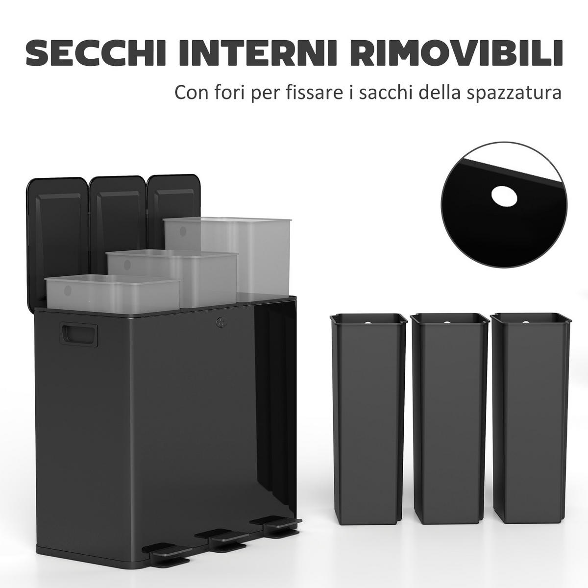 MÜLLTRENNSYSTEM 3 FÄCHER 60L 61,9/36,6/56,7 cm Edelstahl Schwarz Treteimer - Schwarz, Metall (36.6/56.7/61.9cm) - Rolipo