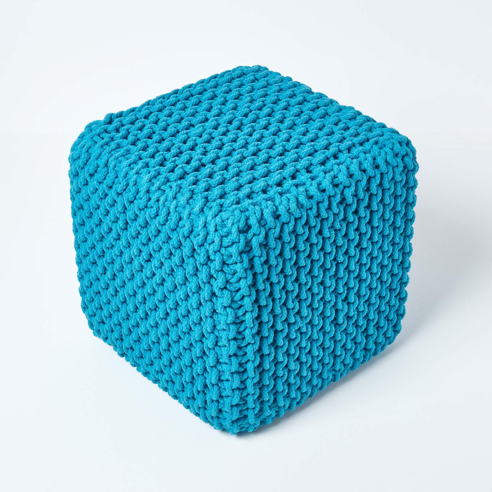 Thumbnail - Homescapes Strick-Pouf, Türkis, Textil, Uni, Quadratisch, 35x35x35 cm, Wohnzimmer, Hocker, Sitzwürfel