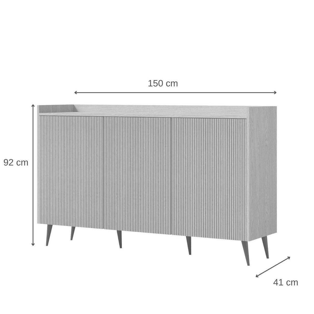 KOMODA Amfali se 3 dveřmi, drážkovaná čela, systém Push-to-open, kovové nohy, 150 cm, ořechová barva - černá/barva vlašského ořechu, kov/kompozitní dřevo (150/92/41cm) - Beautysofa