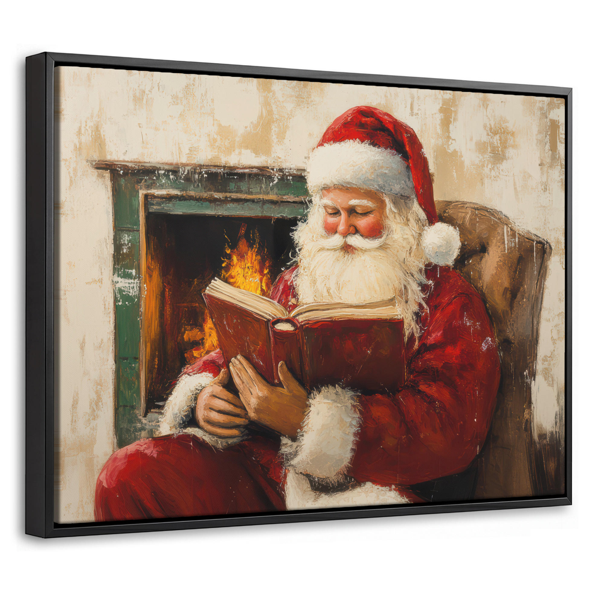 LEINWAND Bilder mit Rahmen - Weihnachten - Weihnachtsmann - Winter - Open Fireside - 40x30 - Dunkelrot, Textil (40/30cm) - MuchoWow