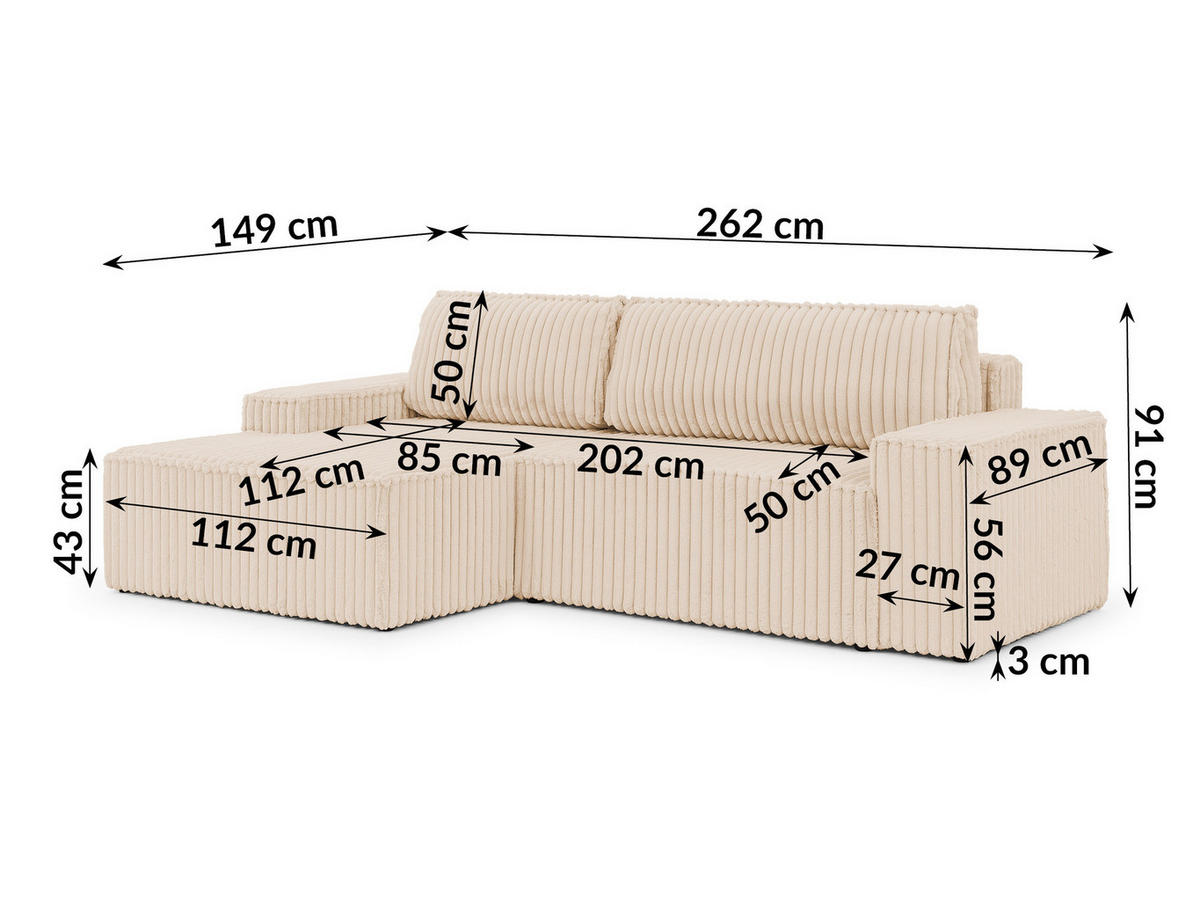ECKSOFA Rivio mit Schlaffunktion und Bettkasten, Plüschcord Helbeige - Beige/Schwarz, Holz/Kunststoff (149/262cm) - S-Style