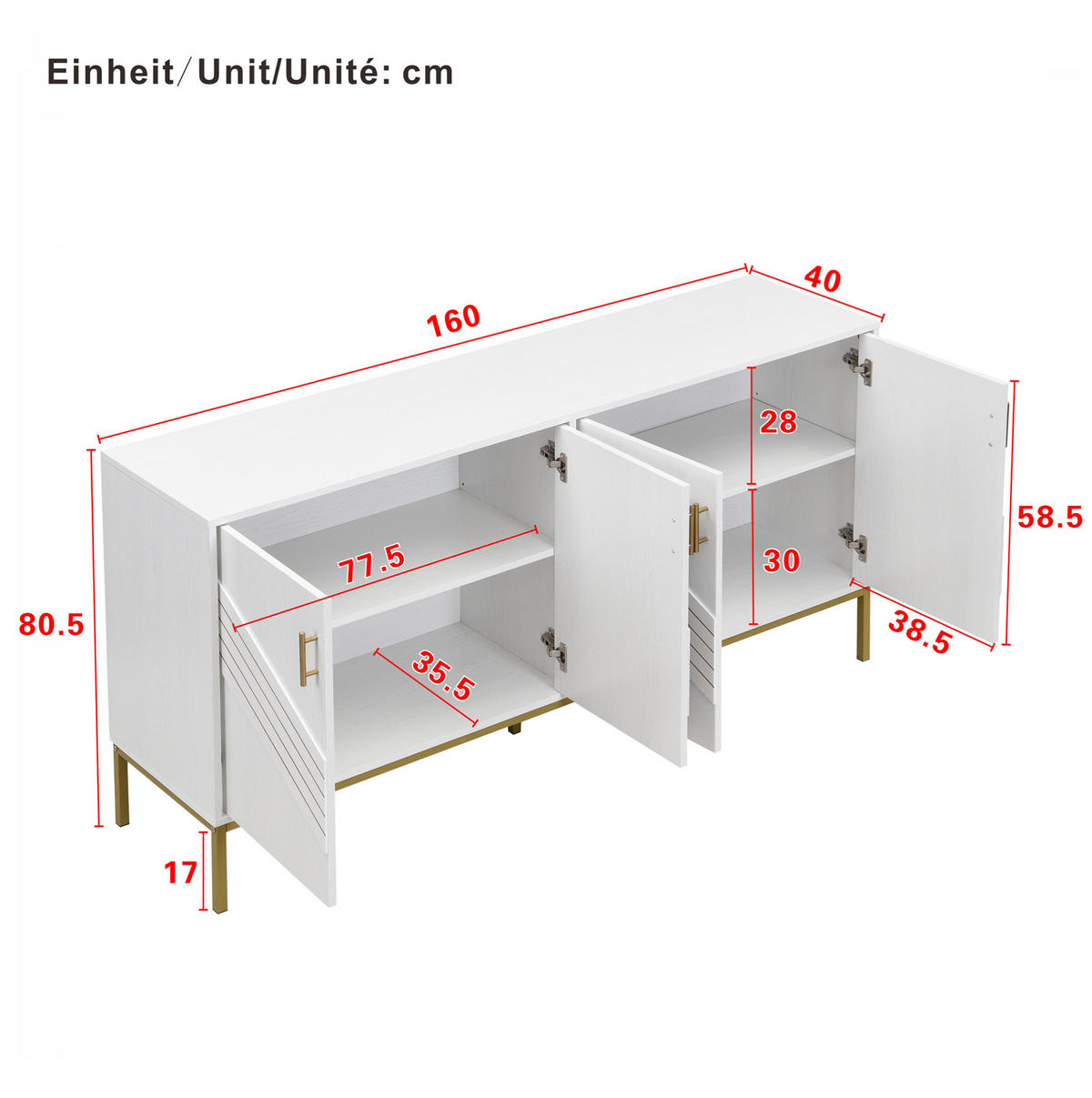 SIDEBOARD 160/40/80,5 cm in Weiß mit 4 Türen und verstellbaren Einlegeböden - Weiß, Holzwerkstoff (40/80.5/160cm) - Flora Grace