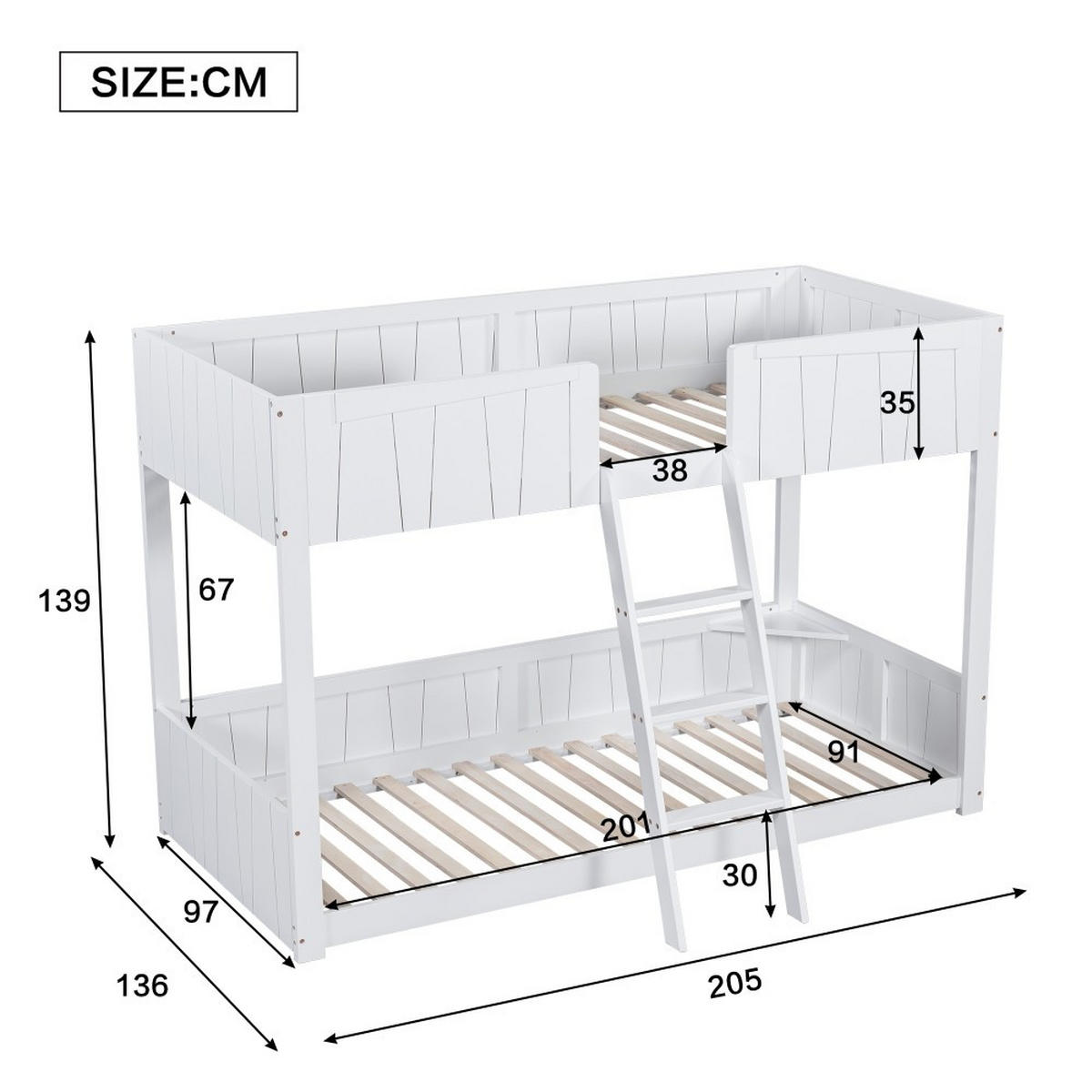 ETAGENBETT 90x200cm in Weiß mit Offenes Regal und dreistufiger Leiter - Weiß, Holz (90/200cm) - KOMHTOM