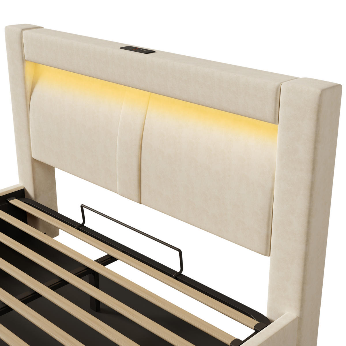 POLSTERBETT 140/200 cm in Beige Samt mit Bettkasten, LED, USB und Type-C - Beige, Holzwerkstoff/Textil (140/200cm) - STILVORA