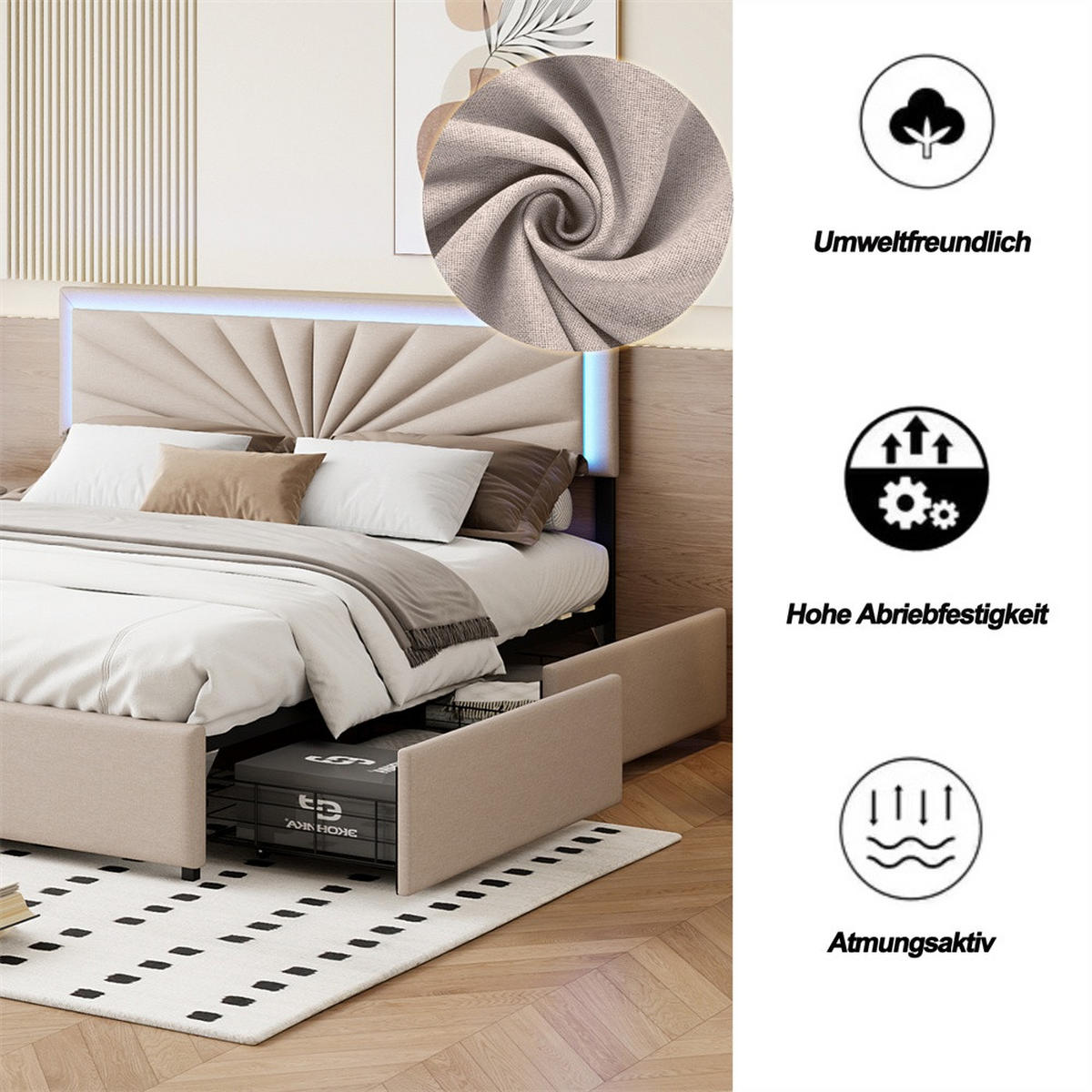 POLSTERBETT 160x200 cm - mit LED-Kopfteilbeleuchtung und 4 ausziehbaren schubladen - ohne Matratze - Beige - Beige, Textil (160/200cm) - DELFA