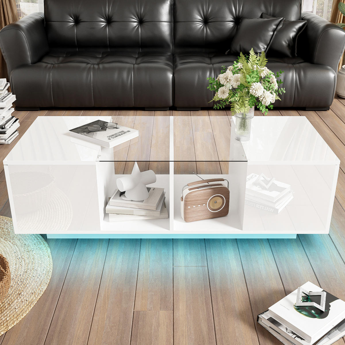 COUCHTISCH 120/50/38,5 cm in Weiß mit LED-Beleuchtung und seitlichem Stauraum - Weiß, Holzwerkstoff (120/50/38.5cm) - Flora Grace