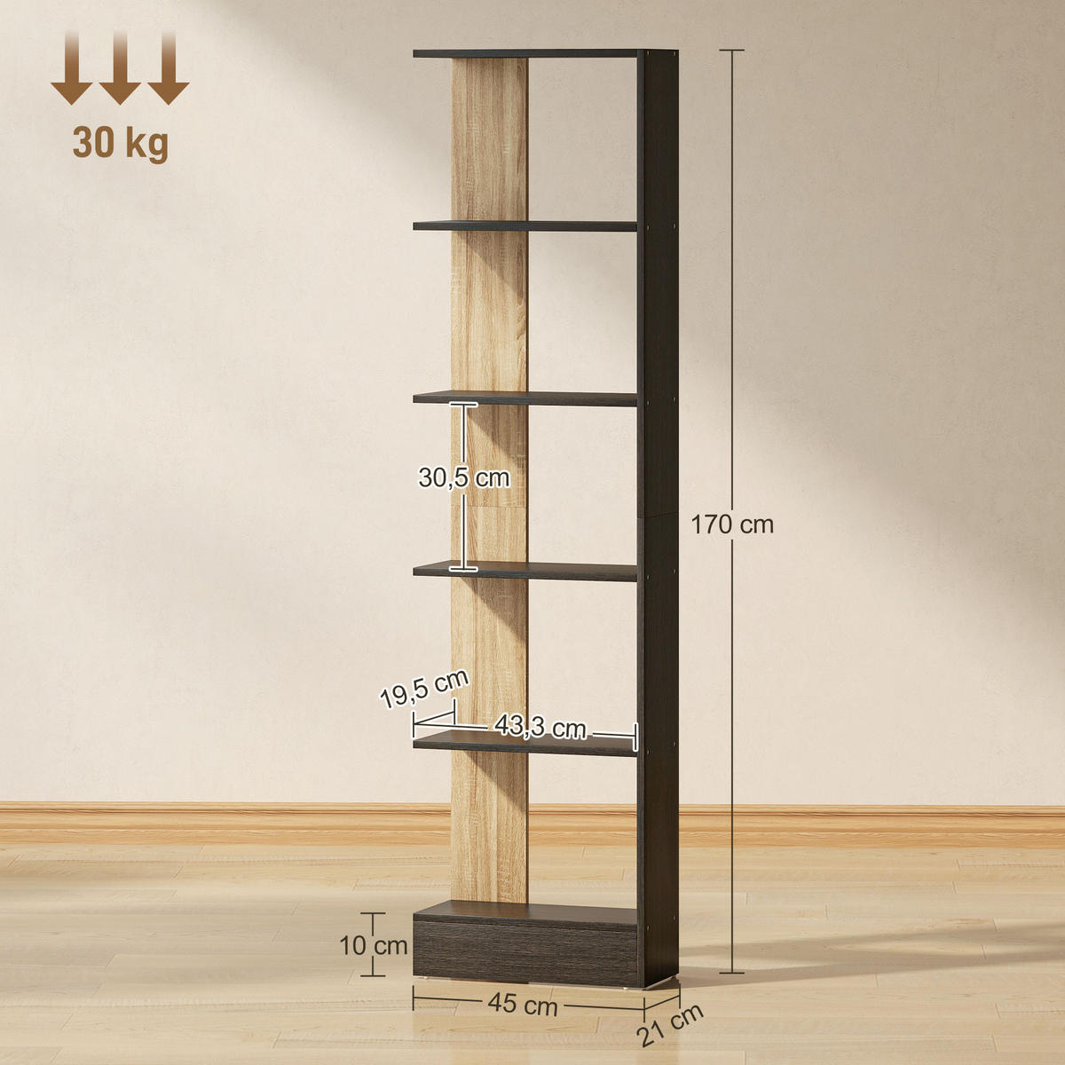 REGAL DE-15565 45/21/170 cm, 5 offene Fächer Schwarz/Eiche - Schwarz, Holzwerkstoff (21/170/45cm) - ComfortXL