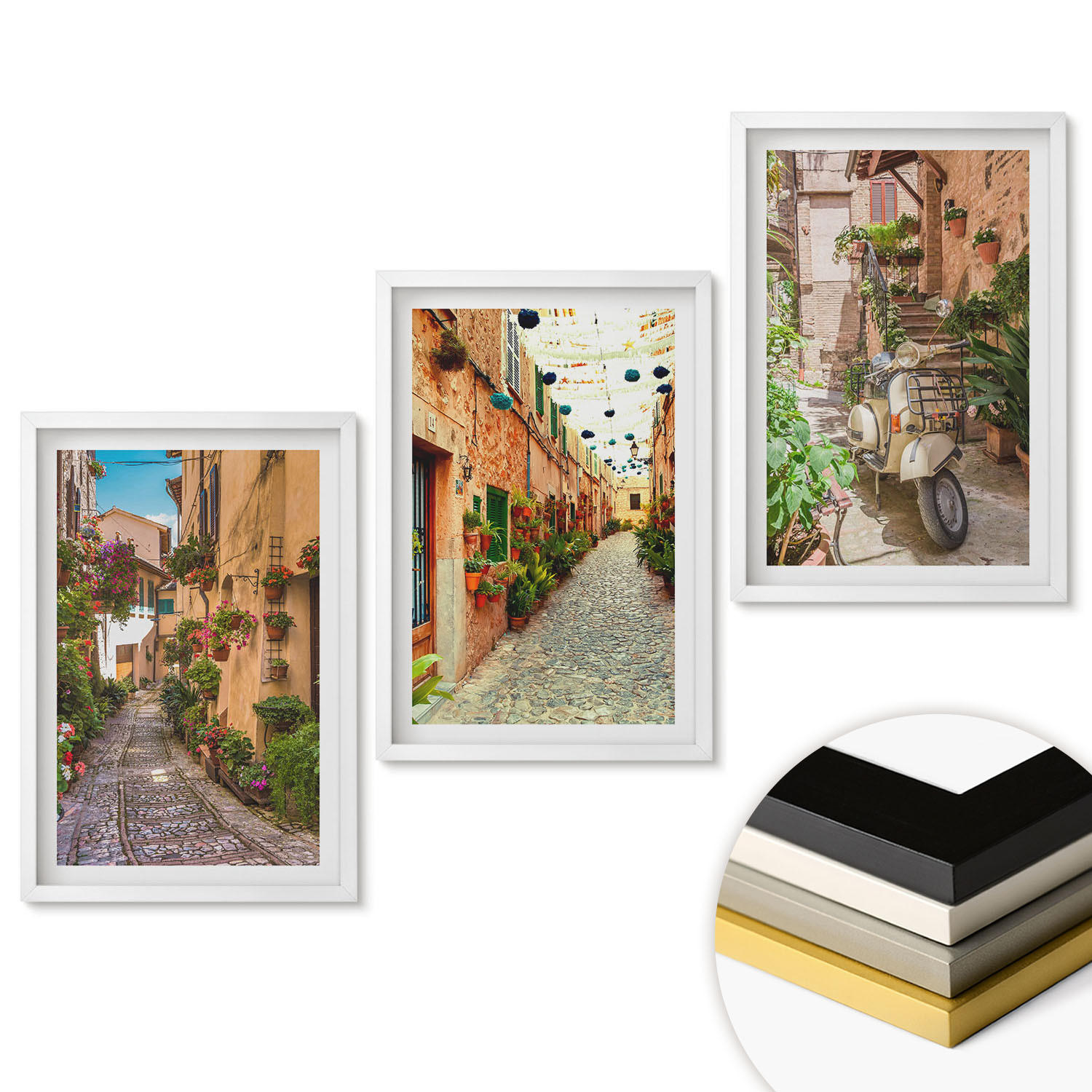WANDBILDER 3er-Set - 40x60 cm Weißer Rahmen - Straßen, Blumen, italienisches Flair - Weiß, Kunststoff (40/60cm) - ArtPrintCave