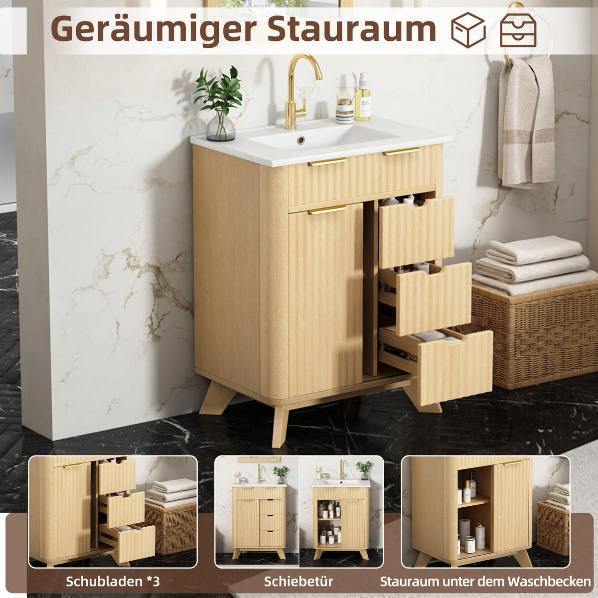 BADEZIMMERSCHRANK Wellenoptik Holzton 3 Schubladen Schiebetür 61cm - Naturfarben, Keramik (61/90/47cm) - FLIEKS