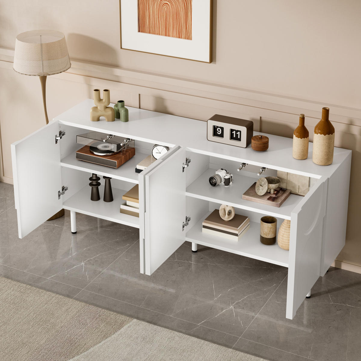 SIDEBOARD Weiß geometrisch modern Stauraum minimalist - Weiß, Holzwerkstoff (38.5/70/160cm) - FLIEKS