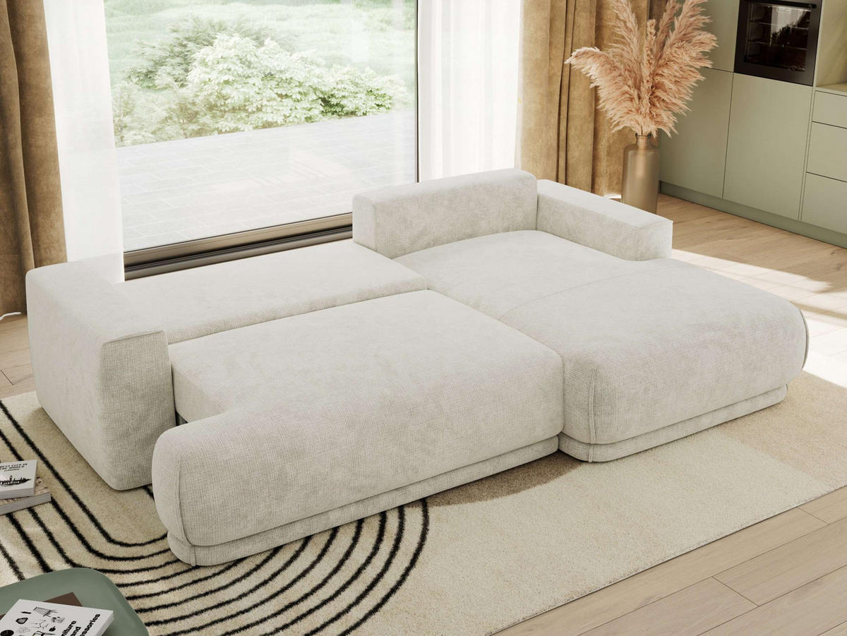 ECKSCHLAFSOFA RINA L Creme Schenille grob gewebt - rechts - Creme/Schwarz, Kunststoff/Textil (170/267cm) - MKS