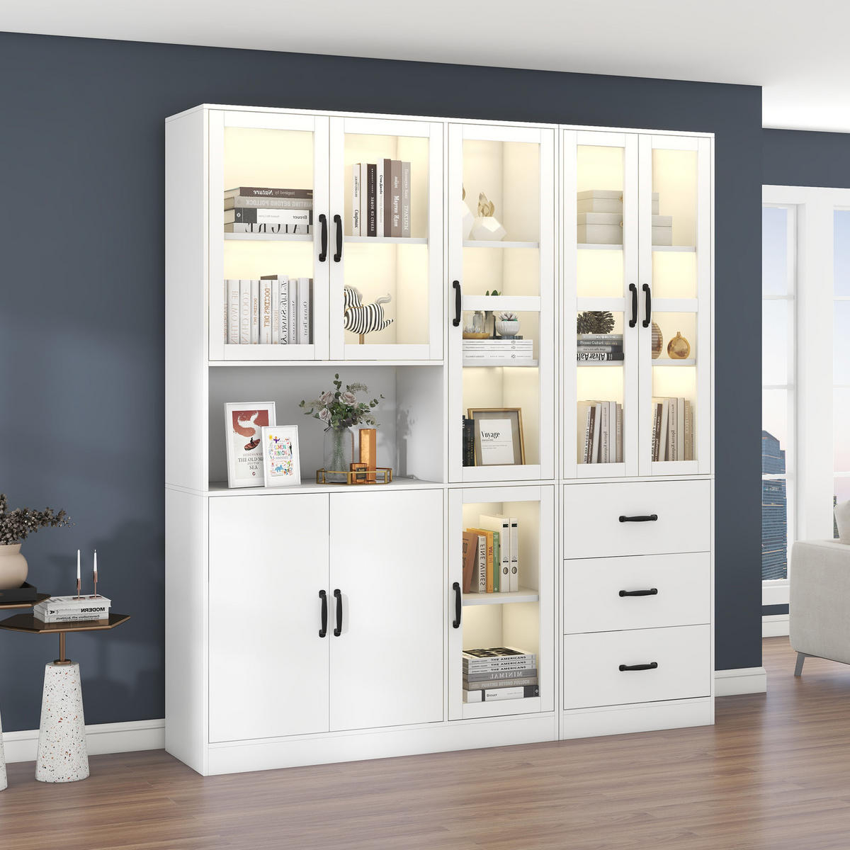 VITRINENSCHRANK 180/40/200 cm weiß aus Spanplatte mit LED und 8 Türen - Weiß, Holzwerkstoff (180/200/40cm) - OKWISH