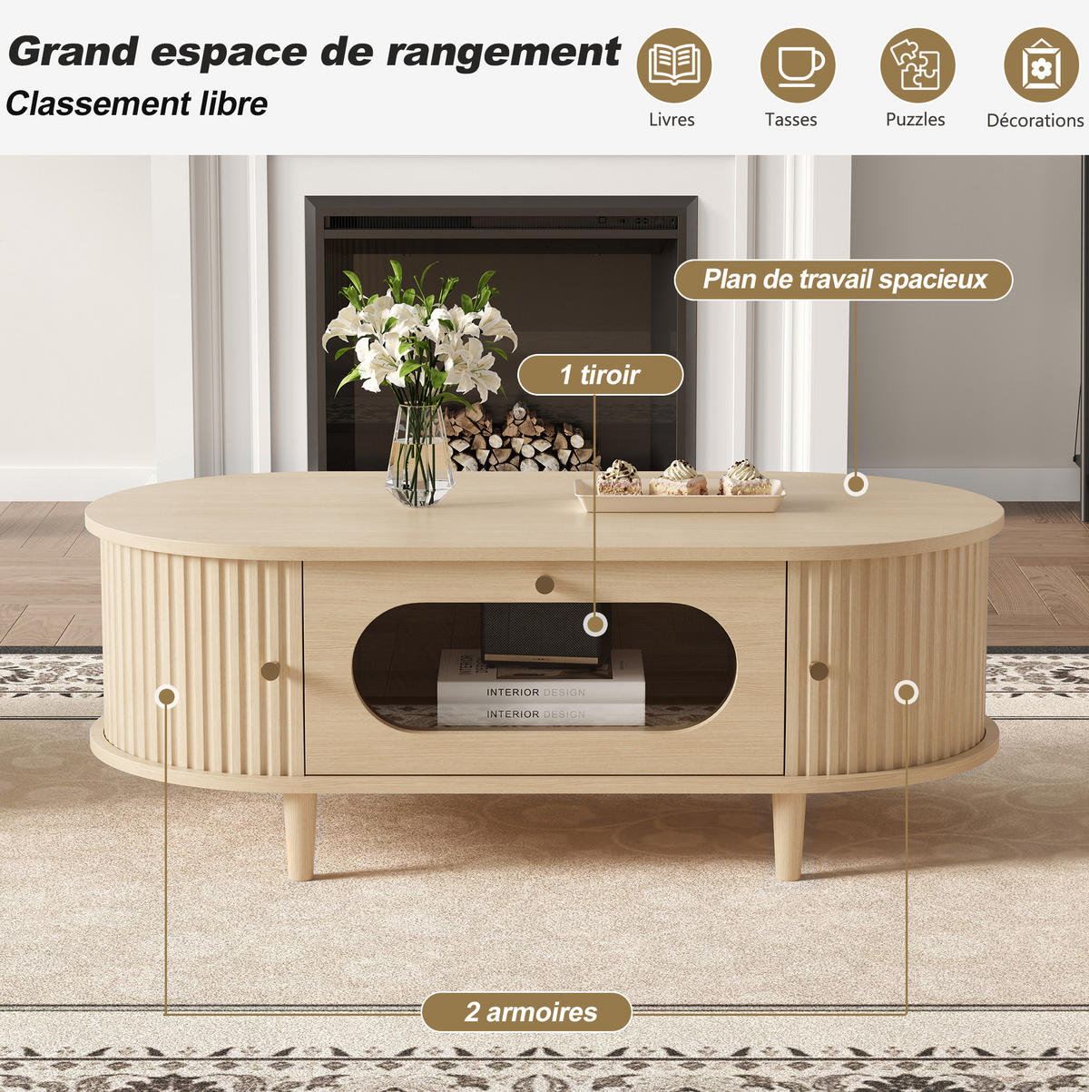 KONFERENČNÍ stolek 100/50/36 cm dubová barva z MDF se zásuvkou a roletovými dvířky - barva dubu, kompozitní dřevo (100/50/36cm) - OKWISH