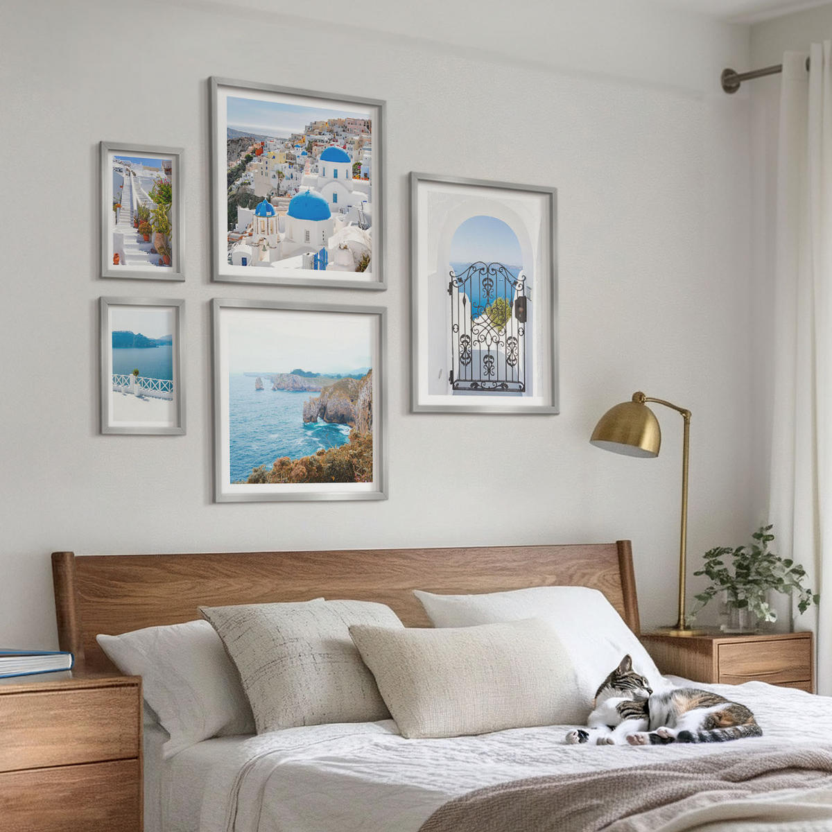BILDER SET 5er Set - 50x50 cm & 20x30 cm & 40x60 cm Silberner Rahmen - Weiße Treppenpflanzen Meer - Silberfarben, Kunststoff (40/60cm) - TULUP