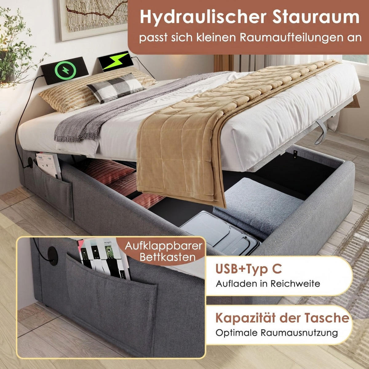 POLSTERBETT 160/200 cm Grau mit USB- C, Ohne Kopfteil - Grau, Textil (160/200cm) - Oxeza