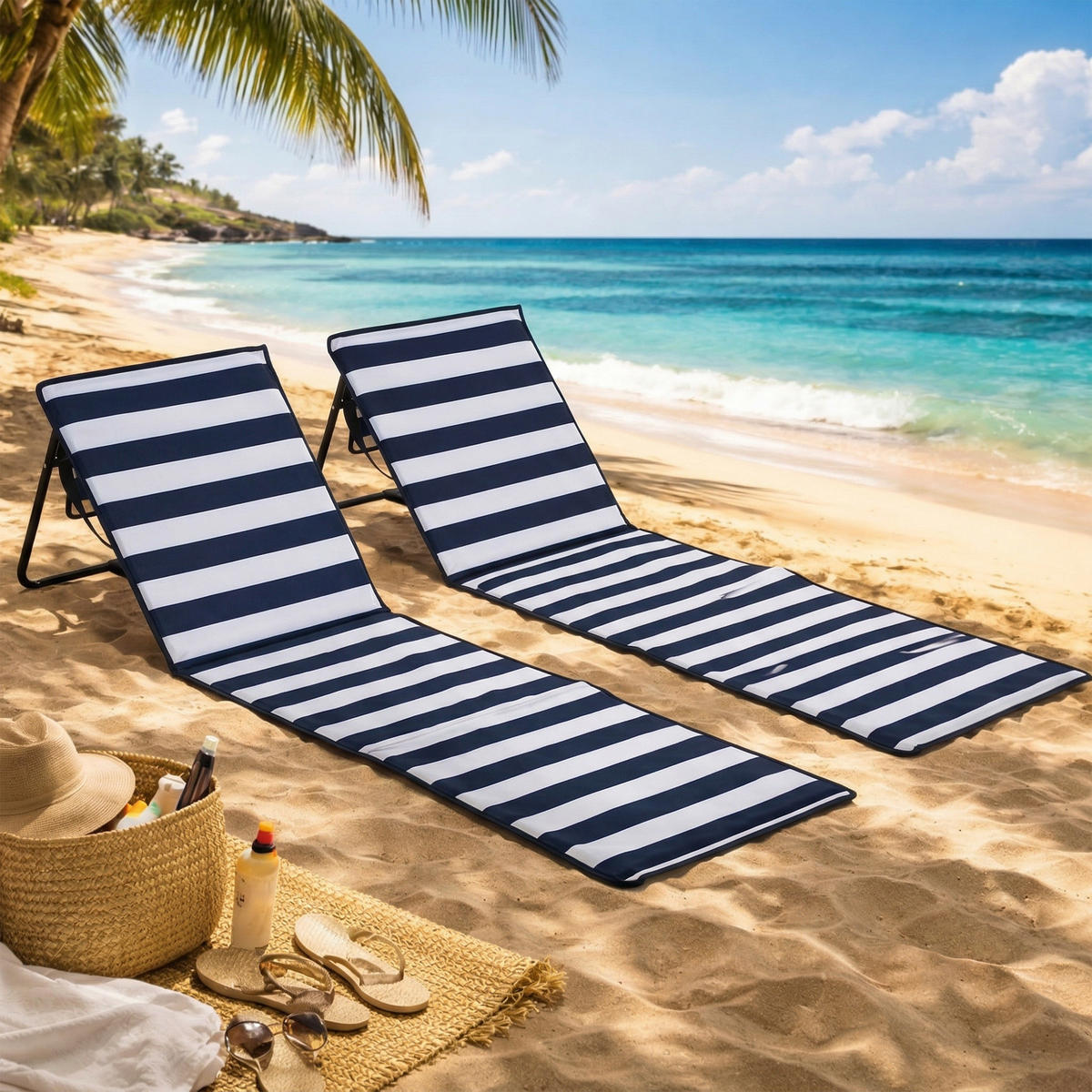 STRANDLIEGE, klappbar, verstellbare Rücklehne, Tragegurt, weiche Polsterung, Stahlrahmen, blau+weiß, 142x51x40cm - Blau, Metall (142/40/51cm)