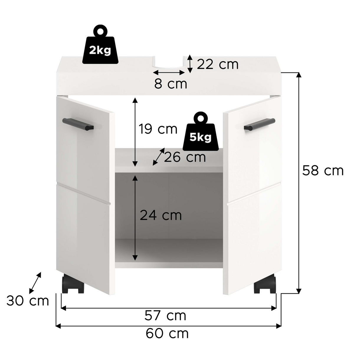 WASCHBECKENUNTERSCHRANK auf Rollen NOVA (B/H/T: ca. 60/58/30 cm) in Weiß/weiß hochglanz - Weiß, Holzwerkstoff (60/58/30cm)