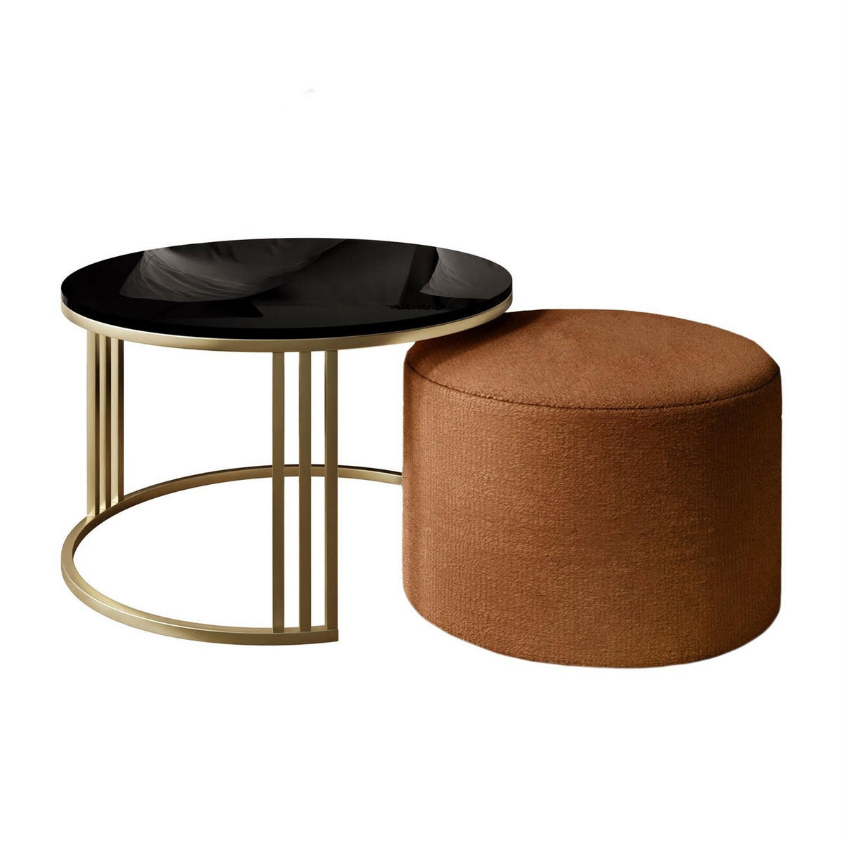 COUCHTISCH mit Hocker LORI Hochglanz gebürstetes Gold/Schwarz glänzend/Perfect Harmony 52 - Schwarz, Metall (70/70/49cm) - Lookway