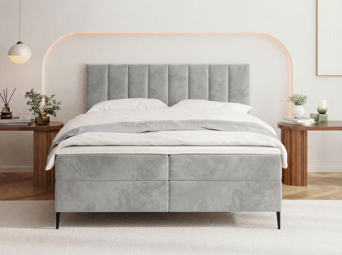 BOXBETT Allen mit Bettkasten, Samt Hellgrau 160x200 cm – inkl. H4 Taschenfederkern Matratze & Foam Topper - Hellgrau/Schwarz, Holzwerkstoff/Metall (160/200cm) - WFL GROUP