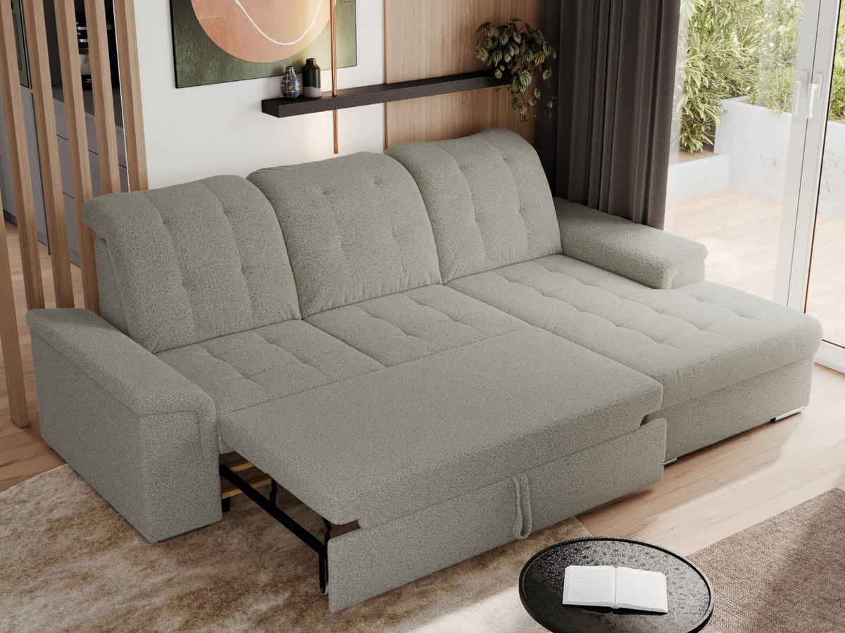 ECKSOFA MADRITO L - Hellgrau Boucle - Rechts - Silberfarben/Hellgrau, Textil/Metall (256/160cm)