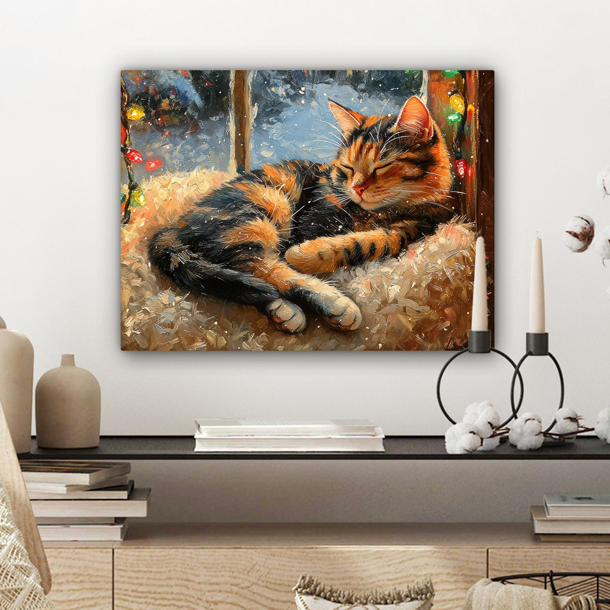 LEINWANDBILD Katze - Weihnachten - Winter - Tier Wandbild 40x30 cm - Bernsteinfarben, Textil (40/30cm) - MuchoWow