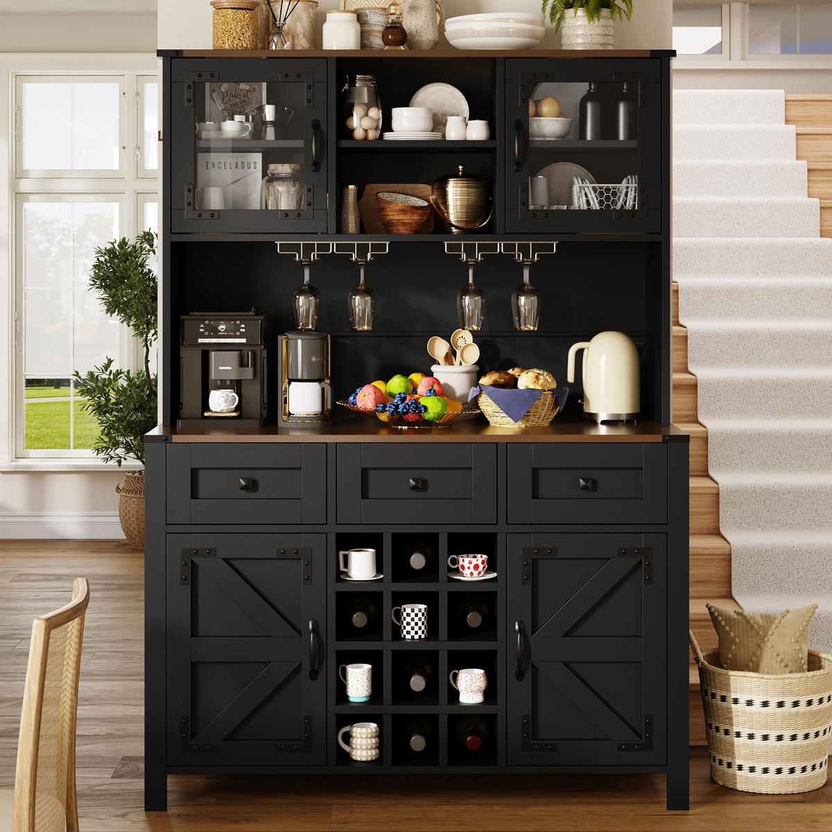 HIGHBOARD in Schwarz Küchenschrank mit LED-Lichtleiste und Schubladen für Küche und Wohnzimmer, B120/T40/H170 cm - Schwarz, Glas/Holzwerkstoff (120/70/40cm) - STILVORA