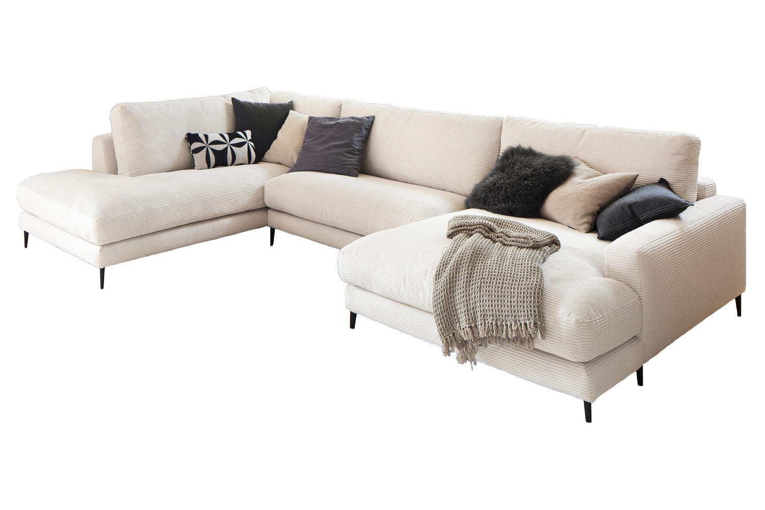 WOHNLANDSCHAFT CARA Cremeweiß Cord - Creme/Schwarz, Textil (341/84/223cm) - KAWOLA