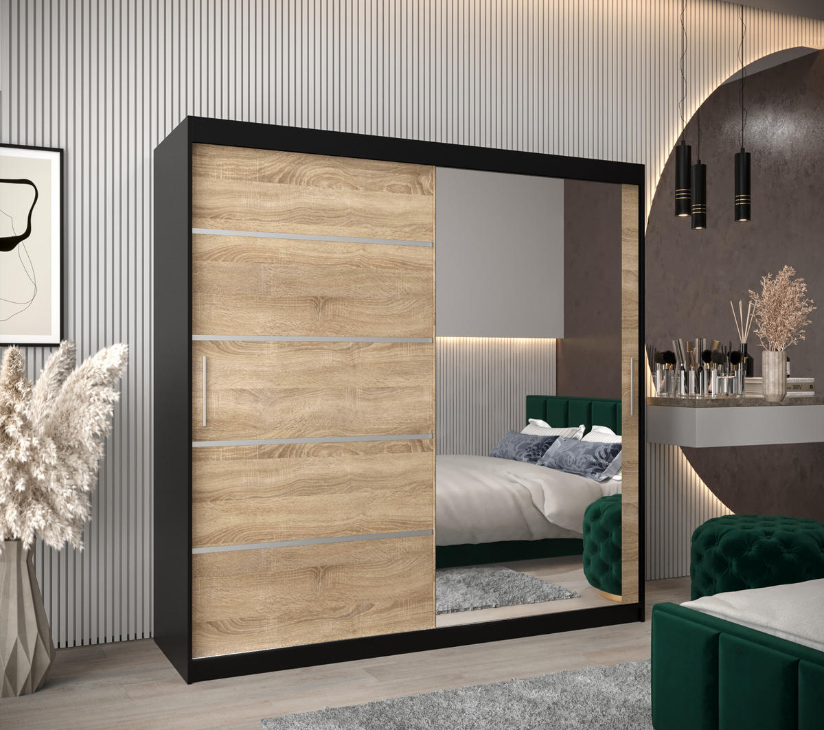 SCHWEBETÜRENSCHRANK 200/200/62 2-türig - Silberfarben/Schwarz, Holz/Kunststoff (200/200/62cm) - MÖBEL KRYSPOL