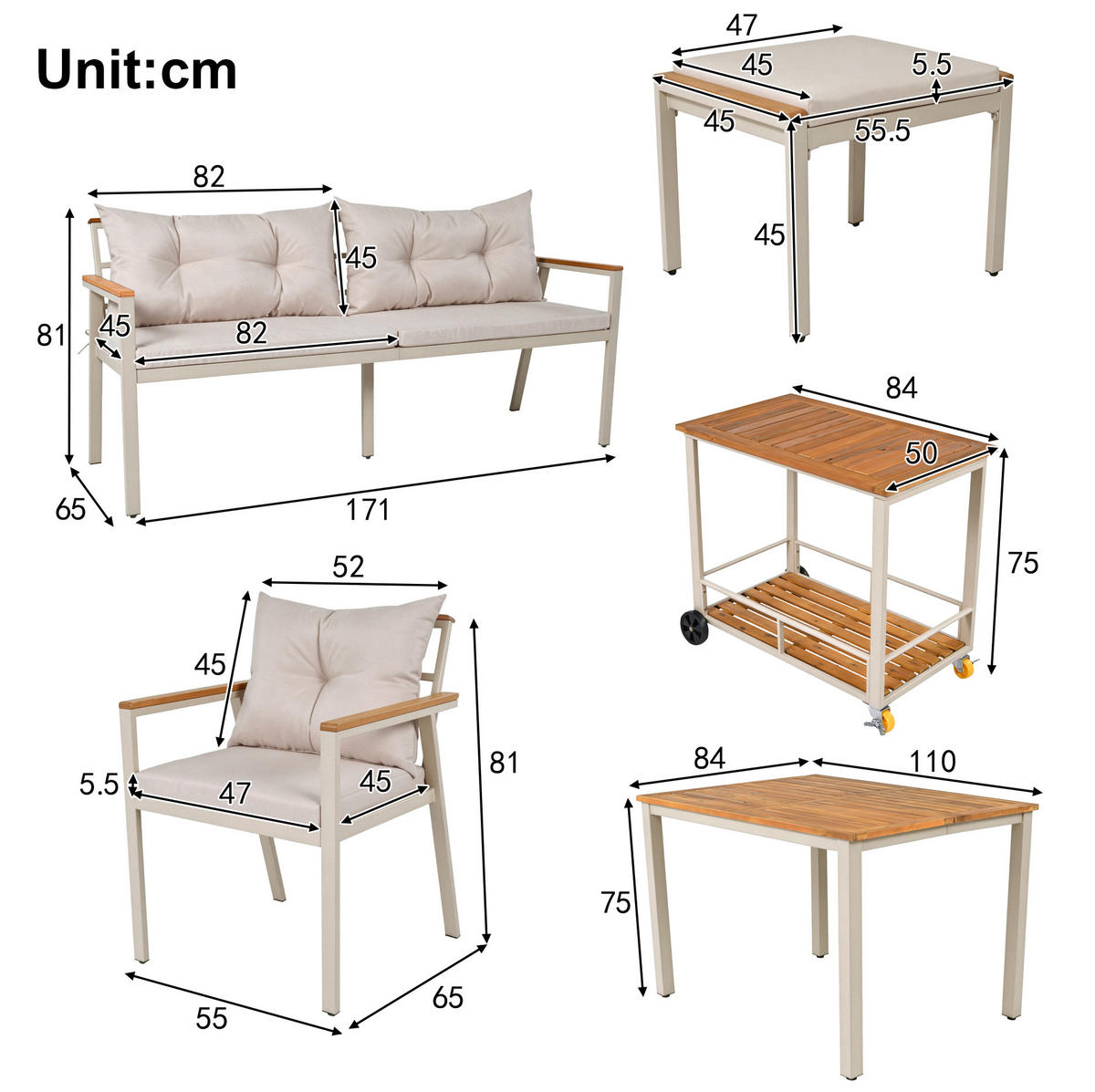 GARTEN-ESSGRUPPE 7-tlg. 6-7-Sitzer mit Servierwagen Akazienholz Beige - Beige, Holz - Beauniv