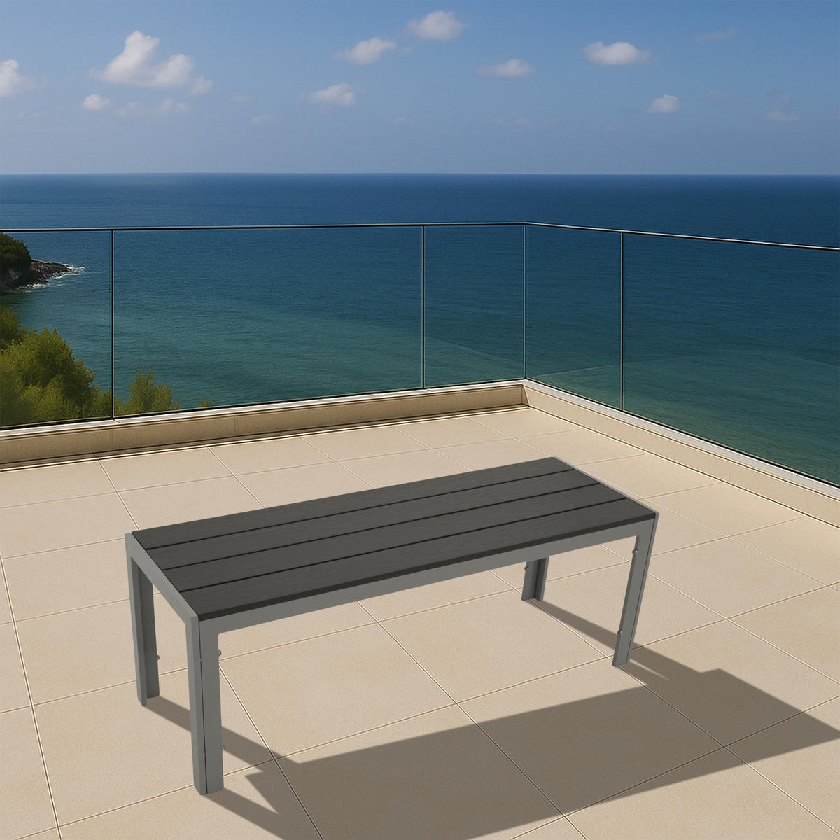 HOCKERBANK Newport -aus Aluminium silbergrau, Sitzfläche Kunstholz dunkelgrau 120x40x43 cm - Grau, Holz (120/43/40cm) - TPFGarden