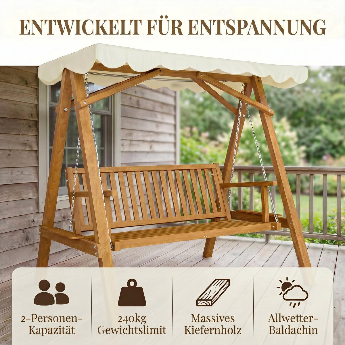 HOLLYWOODSCHAUKEL, Gartenschaukel, Lärche, Metall, Kunststoff, Natur+Creme - Naturfarben, Holz (130/185/162cm) - Outsunny