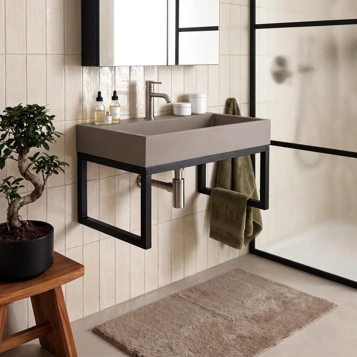 WASCHBECKEN Konglomerat Rea Goya Taupe 60cm +waschtischplatte - Beige, Keramik (37/14/50cm) - REA