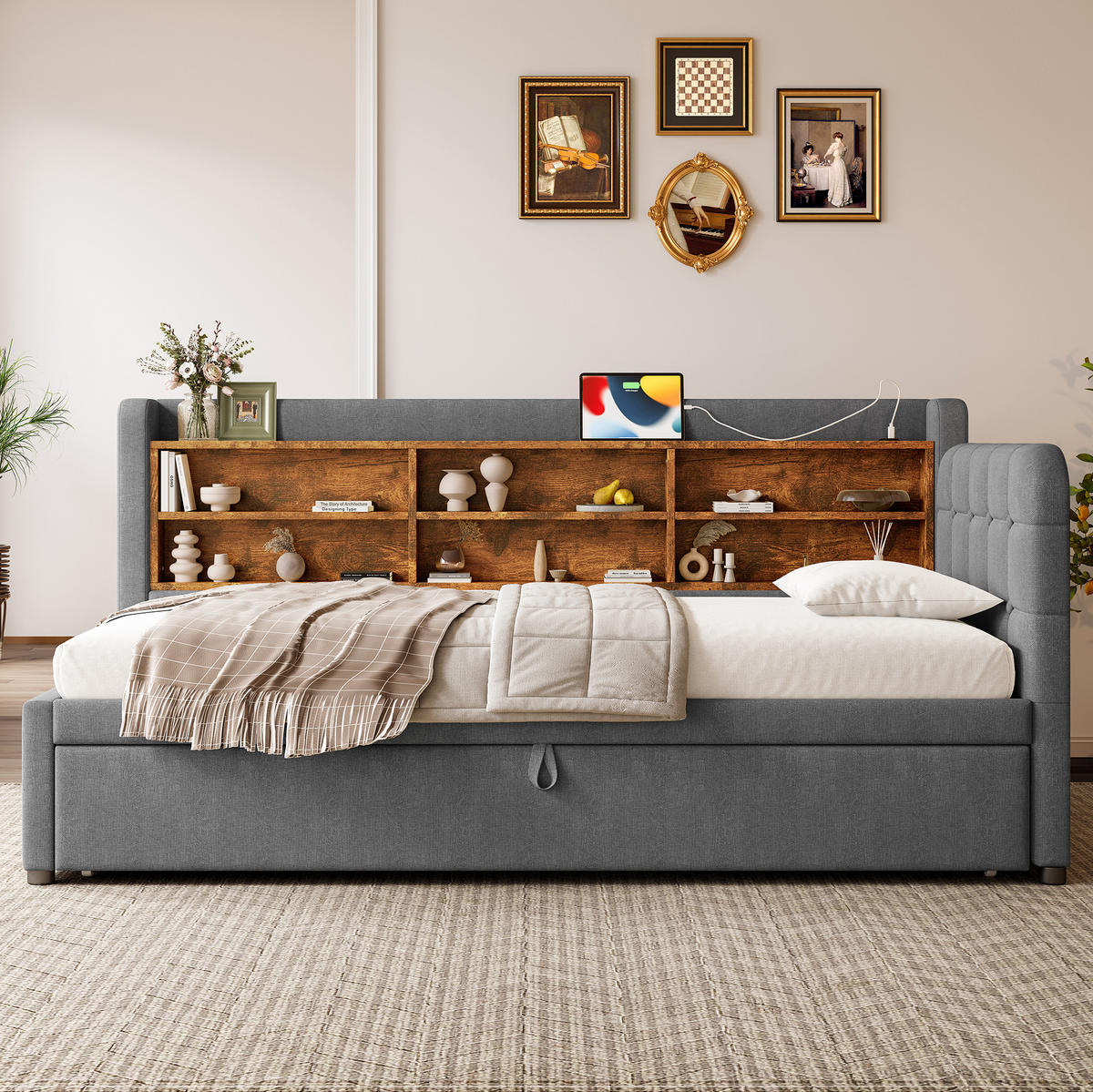 DAYBETT 90/200 cm Grau multifunktionales Ausziehbett mit USB- und Type-C-Anschlüssen aus Leinen - Grau, Textil (90/200cm) - OKWISH